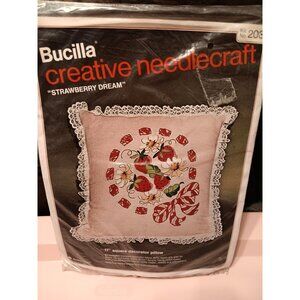 Vintage Bucilla Strawberry Dream Needlecraft, Lace Trim, Decorative Pillow Kit